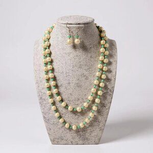 Hand Crafted Cream Glass Faux pearl And Blue Glass Bead long Necklace Earring